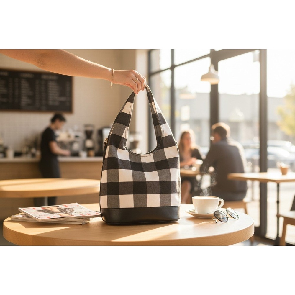Who What Wear Bucket Bag Womens OS‎ Black White NWOT Gingham Plaid Canvas